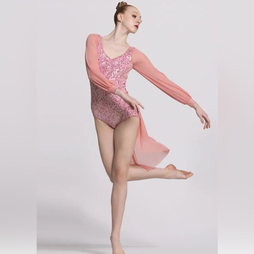 Pink Sequin Dance Leotard with Sheer Sleeves